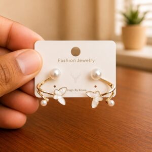 Curved Butterfly Pearl Ear Jacket Earrings in gold-tone style with pearl-like studs with curved butterfly ear jackets