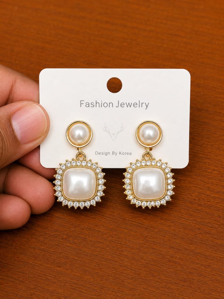 Square Pearl Statement Earrings in gold-tone style with round pearl-like tops above large square pearl-like centres
