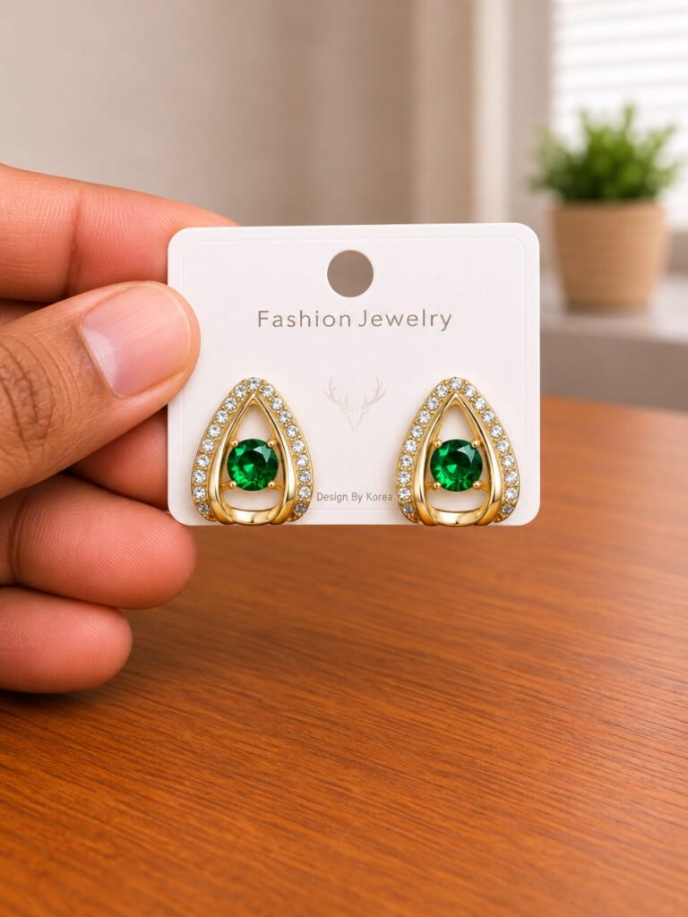 Green Stone Teardrop Stud Earrings in gold-tone style with green oval centres inside clear teardrop frames