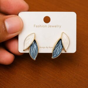 Blue Leaf Stud Earrings in gold-tone style with layered white and blue leaf-shaped forms