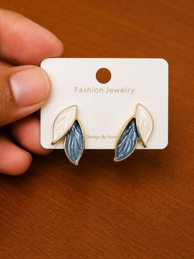 Blue Leaf Stud Earrings in gold-tone style with layered white and blue leaf-shaped forms