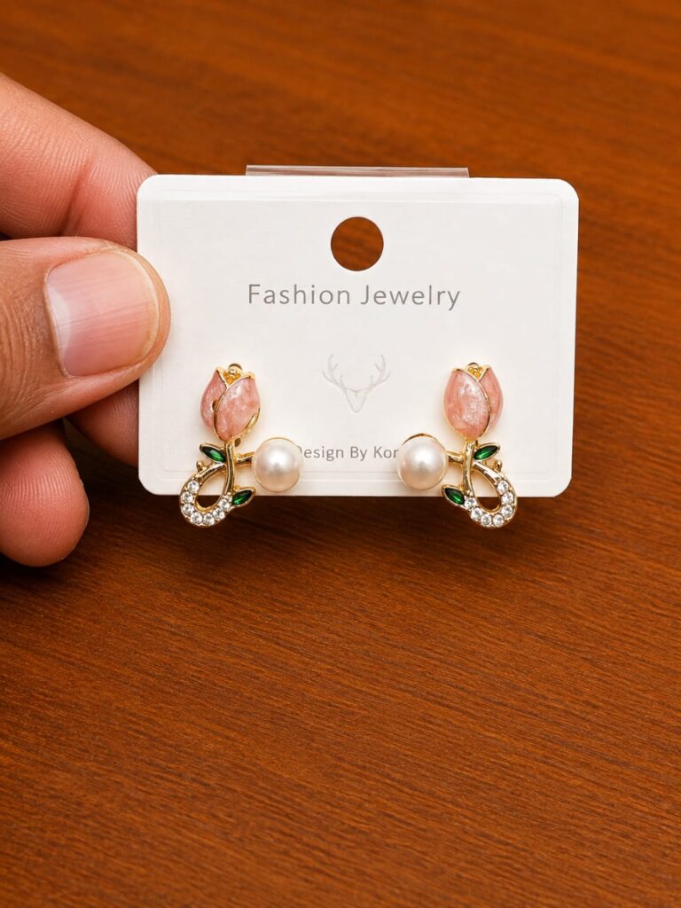 Pink Tulip Pearl Accent Stud Earrings in gold-tone style with pink tulip motifs with small pearl-like accents