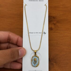 Gold-tone tulip necklace with a blue oval medallion